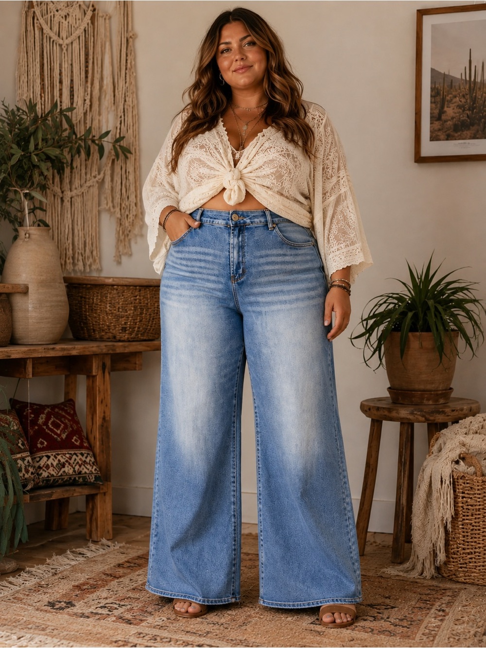 TELEPATIA High Rise Wide Leg Boho Light Wash Denim Jeans Size 18W